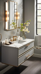 a white bathroom with marble counter top and a sink and mirror