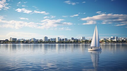 Obraz premium Serene Solitude: Captivating Sailboat Gracefully Sails Amidst Modern Marina Architecture in Tranquil Bay