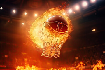 Fototapeta na wymiar Basketball on Fire Scoring in Hoop at a Fiery Sports Arena