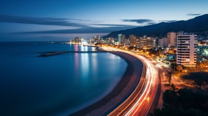 Obraz premium Enchanting Nightscapes: Illuminated Coastal Cityscape in Mesmerizing Long Exposure