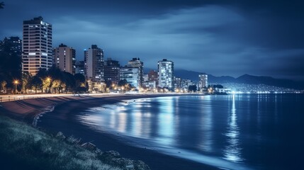 Fototapeta na wymiar Enchanting Nightscapes: Illuminated Coastal Cityscape in Mesmerizing Long Exposure