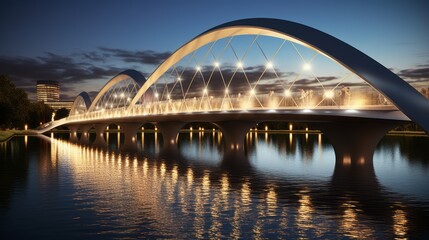 Twilight Serenity: Mesmerizing Curvilinear Pedestrian Bridge Embracing Tranquil River, Illuminated Cityscape Shimmering in the Night