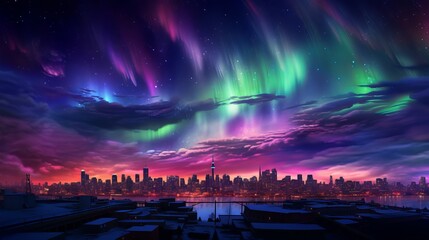 Urban Symphony: Twilight Cityscape Embraces Celestial Aurora Borealis, Captivating the Soul with Harmonious Beauty - obrazy, fototapety, plakaty