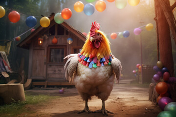 Rooster posing in front of the village house in colorful outfit - obrazy, fototapety, plakaty