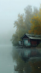 a house in the fog with yellow trees next to it