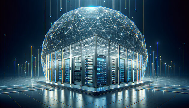 Modern data center under crystalline dome, symbolizing critical infrastructure protection.