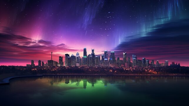 Urban Symphony: Twilight Cityscape Embraces Celestial Aurora Borealis, Captivating the Soul with Harmonious Beauty