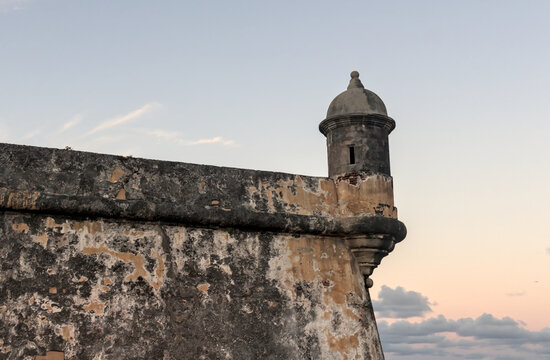 lookout tower (garita, bartizan) at Castillo San Felipe del Morro in Old San Juan (historic Spanish fort in the caribbean) sunset close up