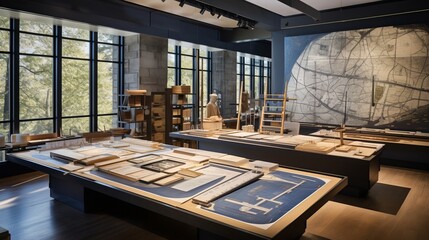 Design Dreams Unfold: Inspiring Architect's Office with Blueprint Plans, Architectural Models, and Renderings on Display