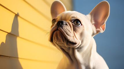 a cute french bulldog looking up to the sky
