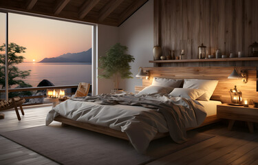 a natural bedroom in a  house with wooden floors  and big open window