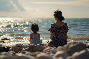 Une maman et sa petite fille de dos, faisant face à la mer. Nature, eau, extérieur, horizon. Famille, enfant, mère, fille. Pour conception et création graphique. - obrazy, fototapety, plakaty