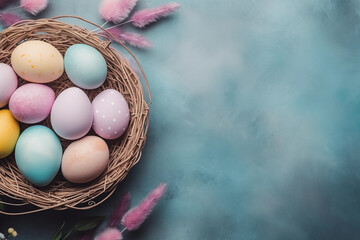 Copy space background flat lay with pastel-colored Easter eggs, A basket filled with candy. Generative AI.