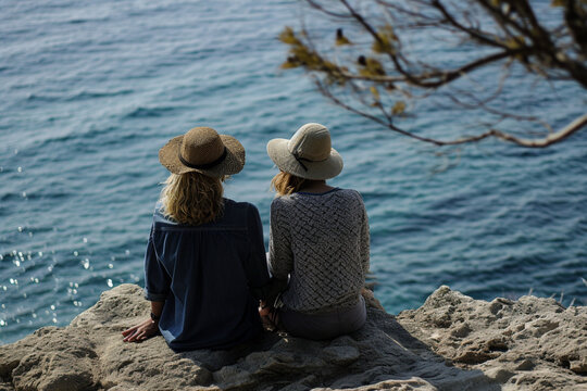 Une maman et sa fille de dos, faisant face &agrave; la mer. Nature, eau, ext&eacute;rieur, horizon. Famille, enfant, m&egrave;re, fille. Pour conception et cr&eacute;ation graphique.