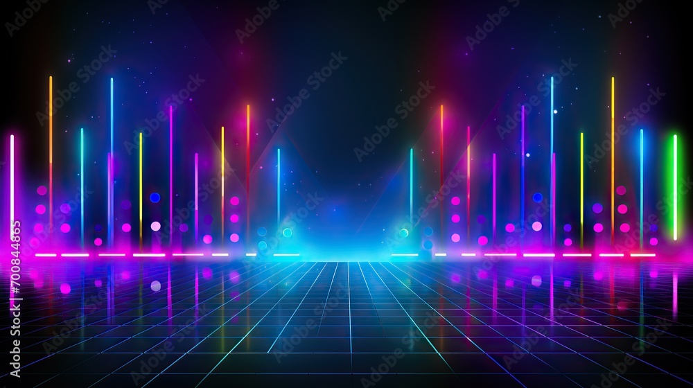 Poster neon lights, spotlights and ray.neon triangle frame with glowing effect on dark background. blank gl