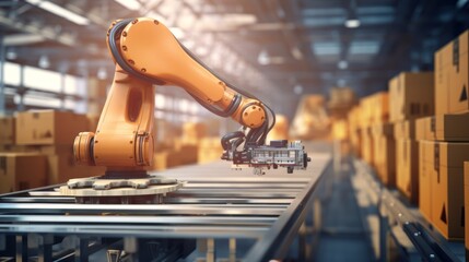 Fototapeta premium Revolutionizing Efficiency: Futuristic Robot Arm Embraces AI in Warehouse Automation
