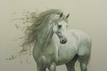 visually depicts a horse in a pale shade of greenish gray. Generative AI