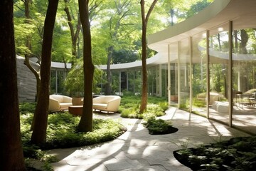 Modern garden with white stone, trees, and sunlight through windows. Generative AI