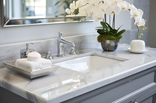 a bathroom with marble counter top and a sink and mirror