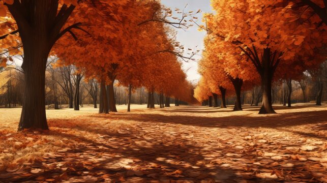 Enchanting Autumn Pathway: A Kaleidoscope of Vibrant Leaves Embraces the Season's Splendor