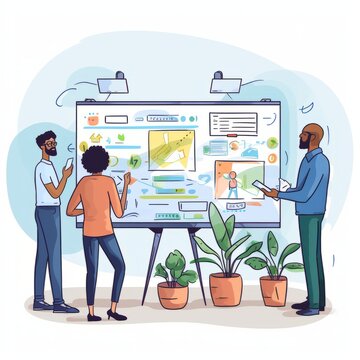 Unleashing the Power of Collaboration: Dynamic Startup Team Embracing Diversity in Casual Attire Engages in Creative Brainstorming on Digital Whiteboard - Stock Image 700