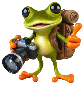 Frog carrying a backpack, camera and thumbs up 3D Render.