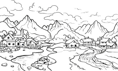 Natural village with mountain, house, river, tree, sky, cloud coloring page