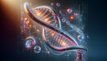 Bioinformatics DNA double helix with iridescent digital code streams.
