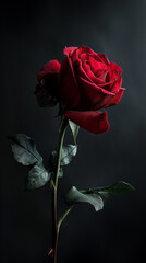 .a red rose alone on a black background