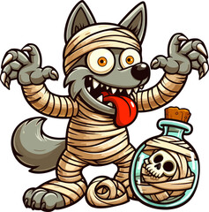 Wolf Mummy cartoon design with illustration on Halloween theme. Vector illustration.