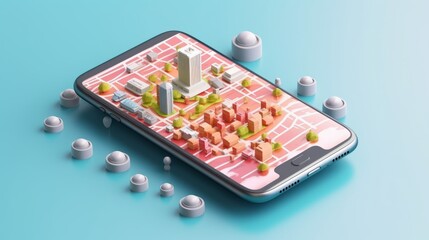 Connected in the Concrete Jungle: Futuristic Smartphone with GPS Marker and Urban Landscape - obrazy, fototapety, plakaty