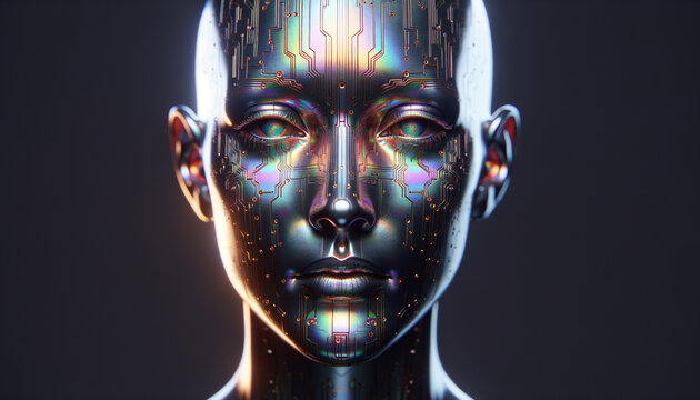 Nostalgic and Futuristic Metallic Face with Digital Motifs