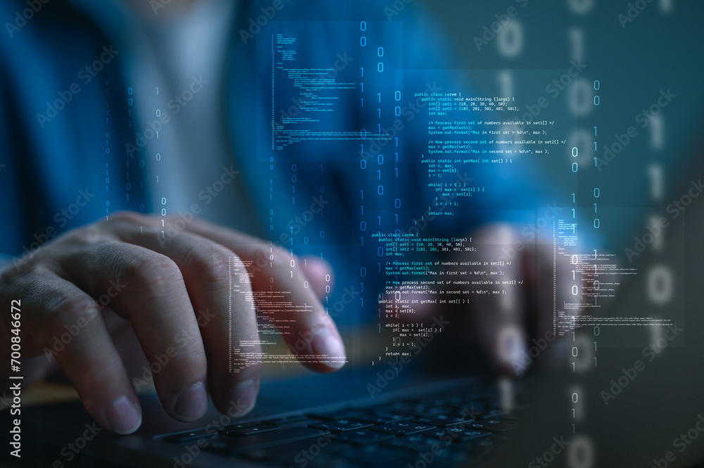 Aufkleber Programmers and cybersecurity technologies design websites and security on internet network Social media World, cyberspace concepts. Web development, software engineer, DevOps, Website design, coding.
