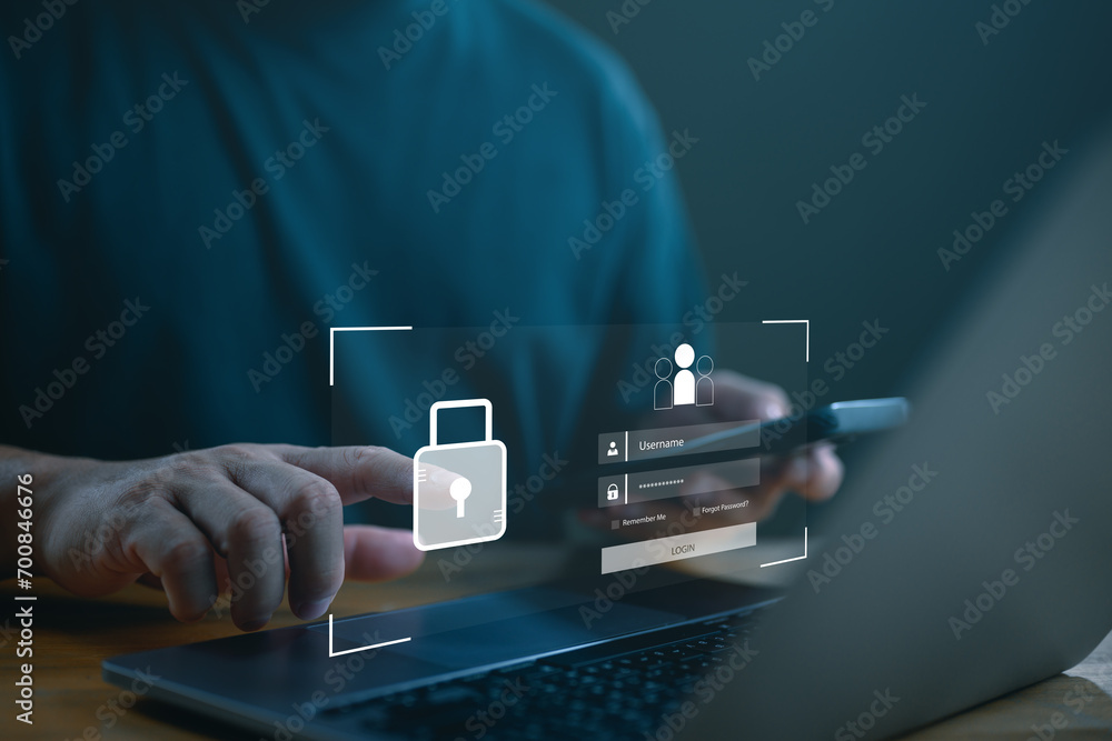 Aufkleber Cybersecurity and privacy concepts, protect data. Lock icon and internet network security technology. Businessman protecting personal data on smartphone and computer, Cybersecurity. Username, password