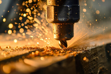 Precision drilling, a close-up shot capturing a drill in action, creating precise hole in a material.