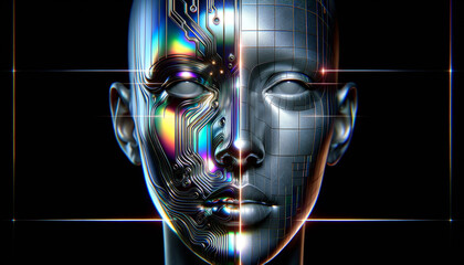 Abstract metallic face with iridescent reflections, embodying facial recognition technology. - obrazy, fototapety, plakaty