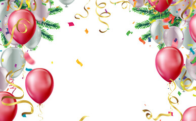 Holiday background with balloons, confetti and ribbons. Vector illustration.