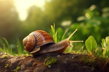 Big snail crowls to the grass with drops of dew in the summer forest. Closeup of a garden snail in shell crowling on the dirt road to the grass in sunlight - obrazy, fototapety, plakaty