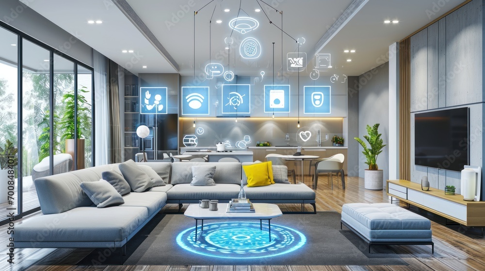 Poster a high-tech smart home interior with automated systems and modern design