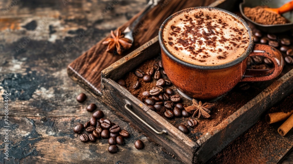 Poster coffee with cinnamon and spices on a rustic wooden table. generative ai.