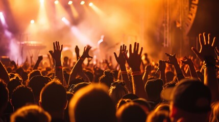 A lively music festival scene with a diverse crowd enjoying live performances, capturing the energy and excitement of live music.