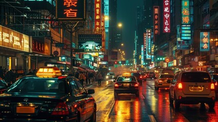 A bustling city street at night, illuminated by neon signs and busy traffic