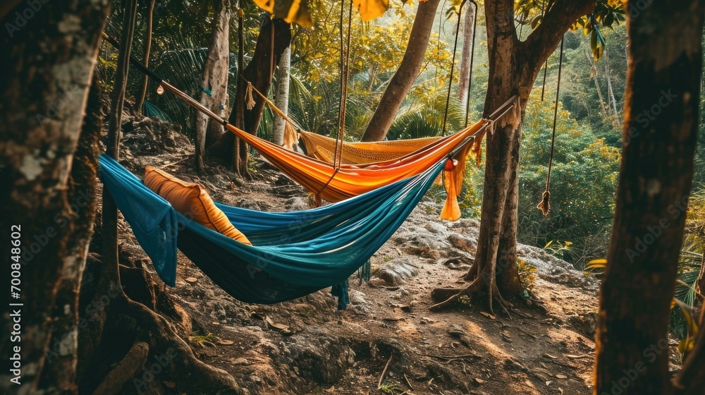 Poster a hammock is hanging in the trees in the forest. generative ai.