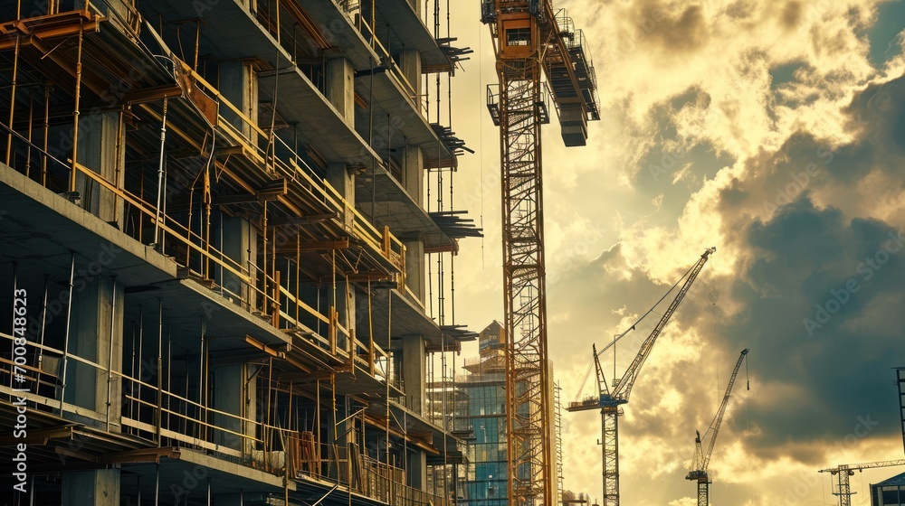 Poster a busy construction site with cranes and workers building a skyscraper