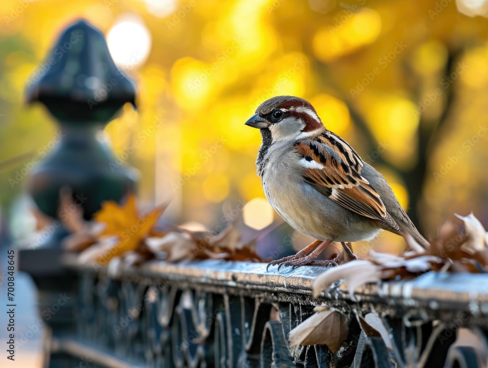 Poster a bird sits on a fence in the fall. generative ai.