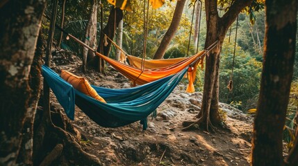 A hammock is hanging in the trees in the forest. Generative AI. - Powered by Adobe