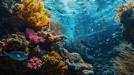 Fototapeta na wymiar A captivating underwater scene featuring diverse marine life and coral reefs, highlighting the beauty and fragility of ocean ecosystems.