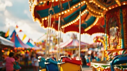 A colorful carnival with rides, games, and festive food stands