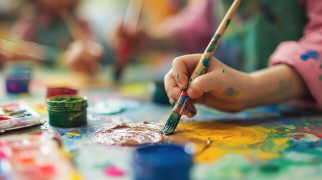 A colorful children's art class with kids painting and expressing creativity, highlighting the importance of art education and fostering imagination.