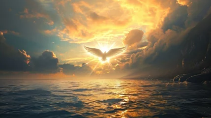 Fotobehang A divine portrayal of the Holy Spirit as a glowing dove over a tranquil sea, symbolizing serenity and guidance. © Bijac